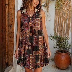 Simply Noelle Multicolor Patchwork Printed Dress with Cream Trim size S/M